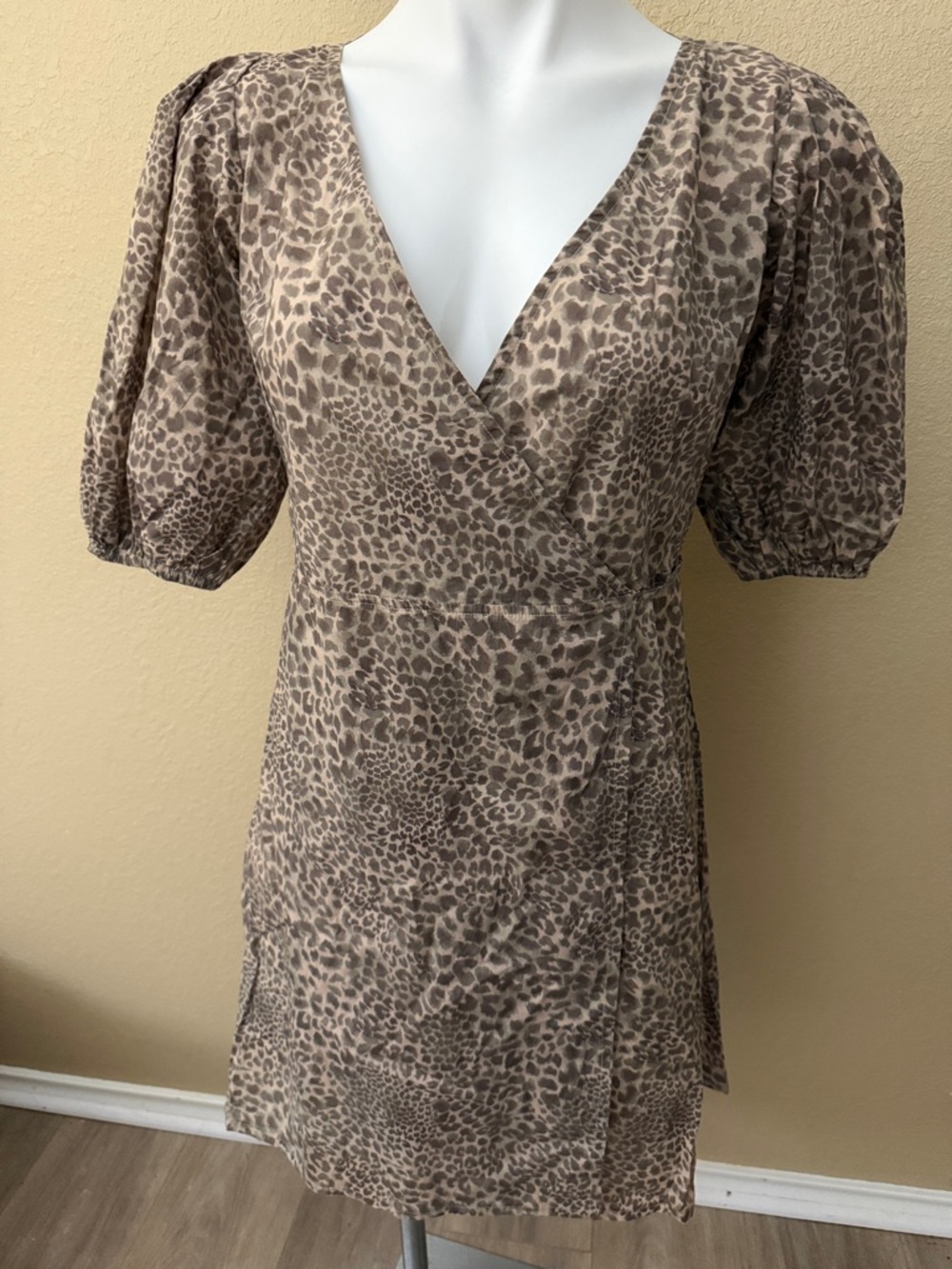 Gillia Taupe Leopard-Print Mini Wrap Dress with Puff Sleeves